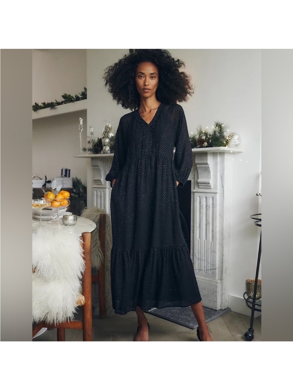 The White Company White Label Black Shimmer Chiffon Sheer Lined Maxi Dress Sz 4